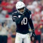 Arizona Cardinals wide receiver DeAndre Hopkins (10) celebrates his touchdown against the San Francisco 49ers during the second half of an NFL football game, Sunday, Oct. 10, 2021, in Glendale, Ariz.