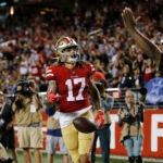 In this Aug. 10, 2019, file photo, San Francisco 49ers wide receiver Jalen Hurd (17) celebrates after scoring against the Dallas Cowboys during the second half of an NFL preseason football game in Santa Clara, Calif. Hurd went down with a knee injury that likely will sideline him for the season. Coach Kyle Shanahan said Monday, Aug. 17, 2020, that he believes the injury Hurd suffered the previous day in practice is a torn ACL that would be a season-ending injury.