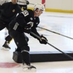 Bruins Brett Harrison runs through a drill during the first day of Bruins Development Camp at Warrior Arena.