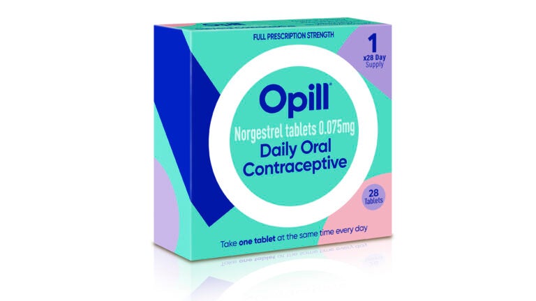 An illustration featuring proposed green, blue, purple, pink, and white packaging for the company's birth control medication Opill.