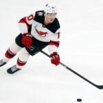 New Jersey Devils' Jesper Boqvist plays against the Boston Bruins during the second period of an NHL hockey game, Saturday, April 8, 2023, in Boston.
