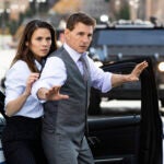 This image released by Paramount Pictures shows Hayley Atwell, left, and Tom Cruise in a scene from "Mission: Impossible - Dead Reckoning, Part One."
