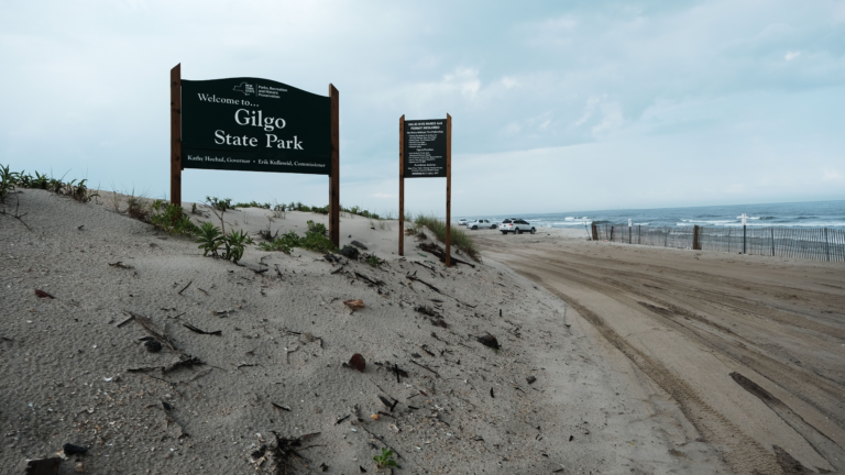 A sign reading "Gilgo State Park" on a sandy beach in view of the ocean.