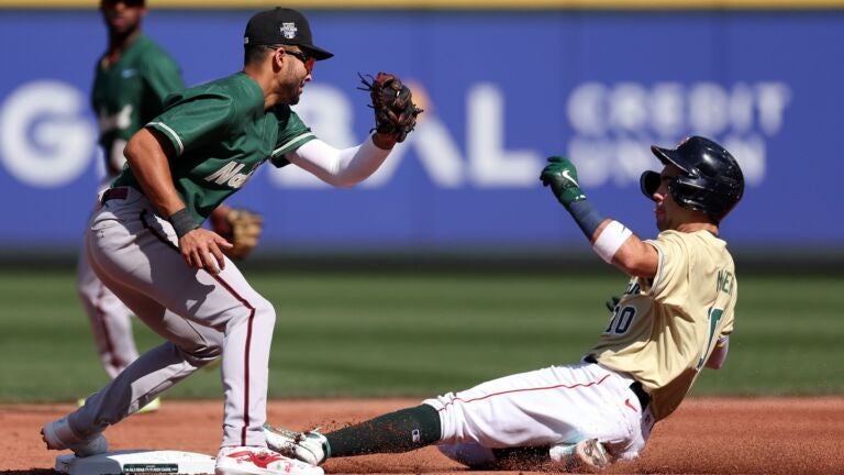 Marcelo Mayer of the Boston Red Sox singles in the first inning News  Photo - Getty Images