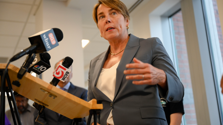 A woman in a grey suit speaks from a podium with multiple microphones.