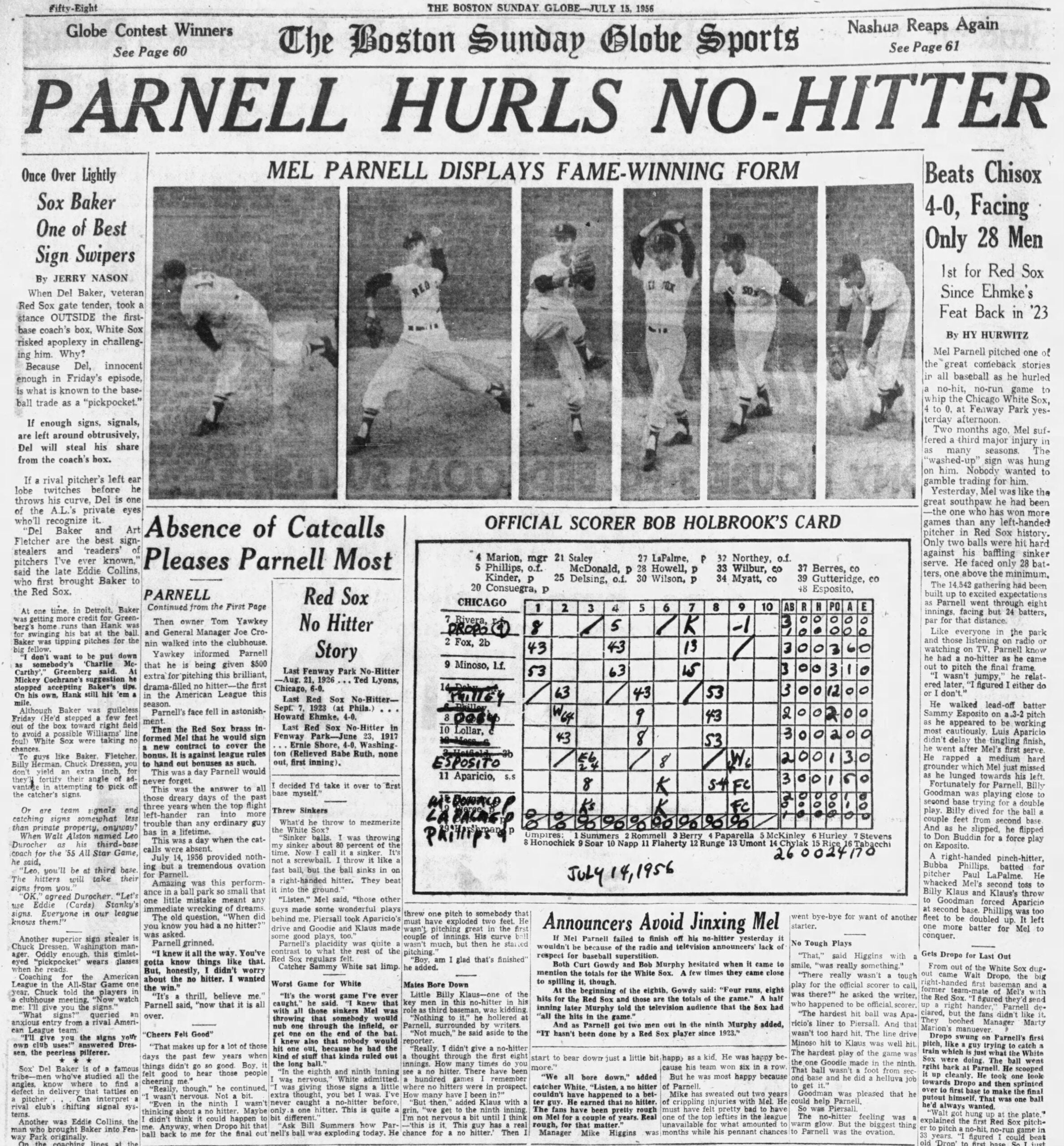 Mel Parnell 1956 no hitter Red Sox