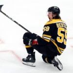 Boston Bruins' Tyler Bertuzzi celebrates after his goal during the third period of Game 7 of an NHL hockey Stanley Cup first-round playoff series against the Florida Panthers, Sunday, April 30, 2023, in Boston.
