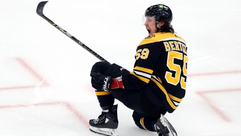 Boston Bruins' Tyler Bertuzzi celebrates after his goal during the third period of Game 7 of an NHL hockey Stanley Cup first-round playoff series against the Florida Panthers, Sunday, April 30, 2023, in Boston.