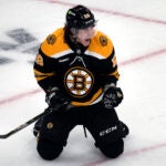 Boston Bruins left wing Tyler Bertuzzi (59) celebrates his goal against the Florida Panthers during the second period of Game 2 in the first round of the NHL hockey playoffs Wednesday, April 19, 2023, in Boston.