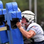 New England Patriots tightend Matt Sokol runs drills during an NFL football practice, Sunday, July 30, 2023, in Foxborough, Mass.