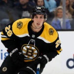 Boston Bruins' Marc McLaughlin during the first period of an NHL hockey game against the Pittsburgh Penguins Saturday, April 16, 2022, in Boston.