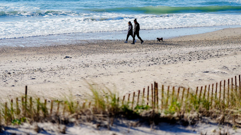 Two people in cold-weather clothes walk along a beach near the ocean.