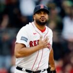 Boston Red Sox's Kenley Jansen plays against the Tampa Bay Rays during the ninth inning of the first game of a baseball doubleheader, Saturday, June 3, 2023, in Boston.