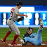 Boston Red Sox shortstop David Hamilton tags out Toronto Blue Jays shortstop Bo Bichette at second base on a double during the third inning of a baseball game in Toronto, Sunday, July 2, 2023. (Frank Gunn/The Canadian Press via AP)