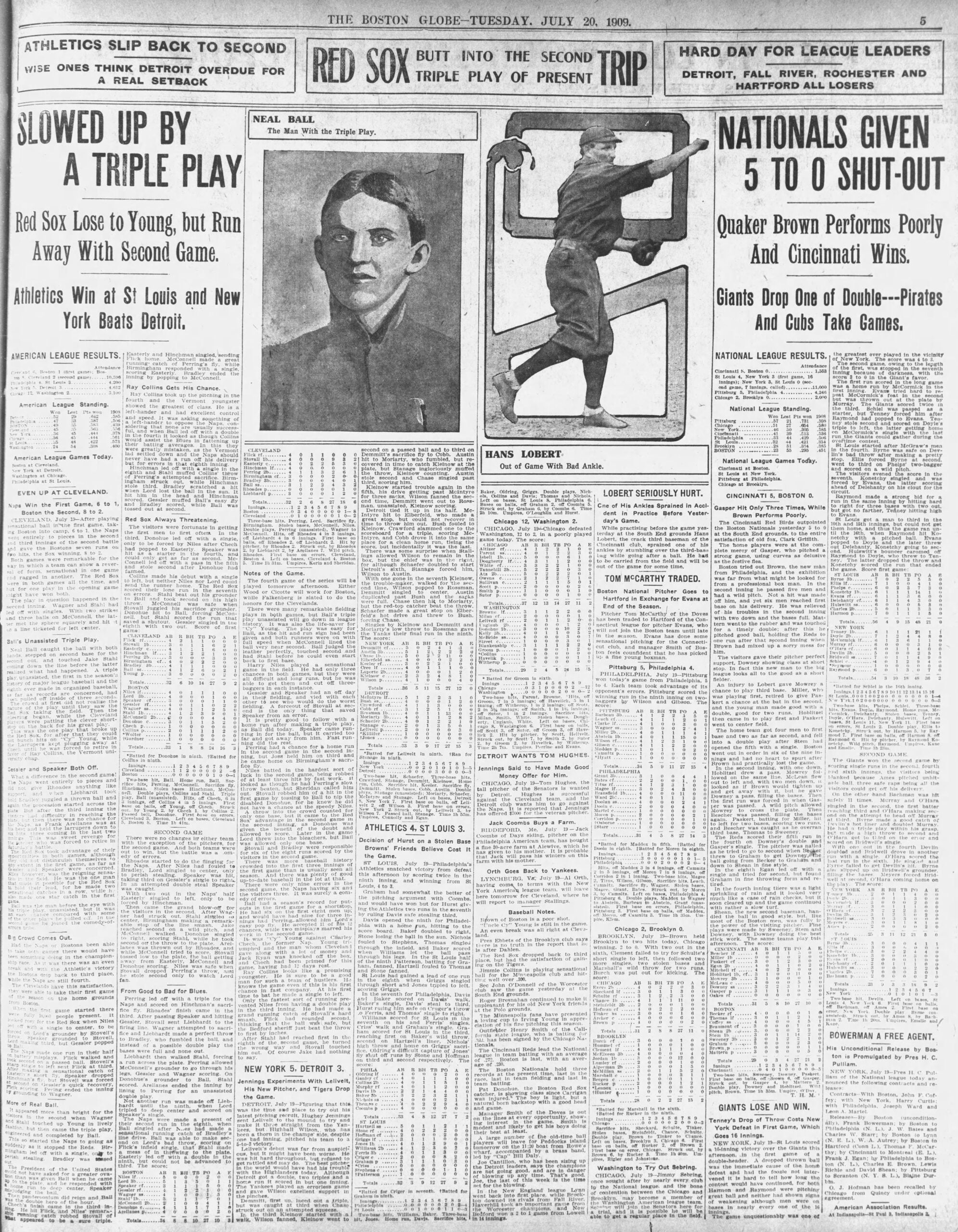 1909 Red Sox triple play Boston Globe