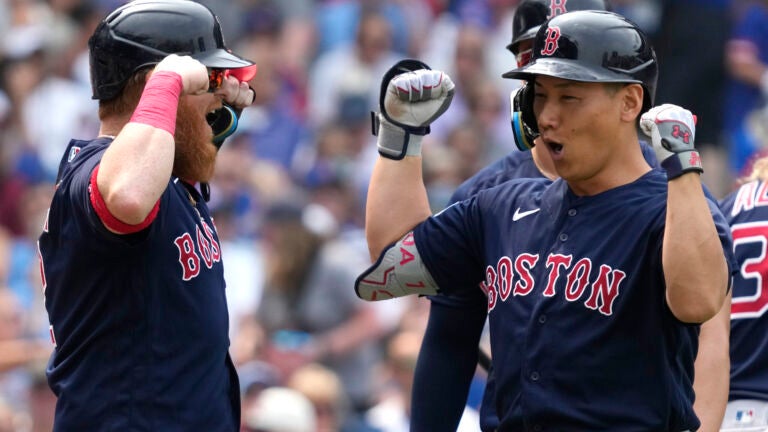 Justin Turner of the Boston Red Sox celebrates his double against