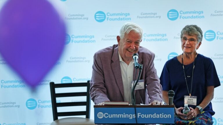 Bill Cummings and his wife, Joyce, held a party at the TradeCenter 128 Atrium in Woburn last month to honor the recipients of $30 million in grants.