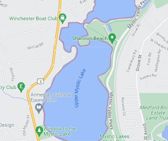 Map of Upper Mystic Lake in Massachusetts