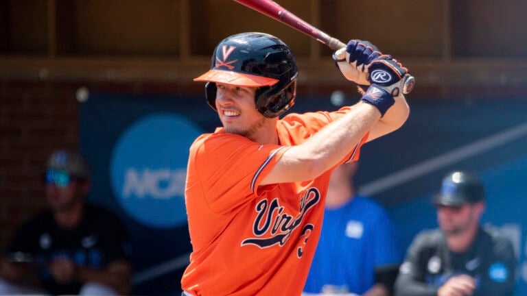 Virginia catcher Kyle Teel (3) goes up to bat during an NCAA baseball game on Saturday, June 10, 2023 in Charlottesville, Va.