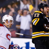 Milan Lucic #17 of the Boston Bruins celebrates his empty-net goal in the third period against the Montreal Canadiens in Game Two of the Second Round of the 2014 NHL Stanley Cup Playoffs at TD Garden on May 3, 2014 in Boston, Massachusetts.