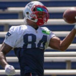 New England Patriots Kendrick Bourne hauls in a one handed catch during practice at Gillette Stadium practice field.