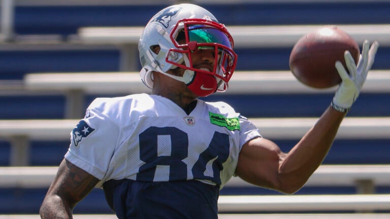 New England Patriots Kendrick Bourne hauls in a one handed catch during practice at Gillette Stadium practice field.