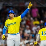 Boston Red Sox first baseman Triston Casas (36) points to the sky after his home run during the seventh inning of Wednesday’s game against the Atlanta Brave’s at Fenway Park.