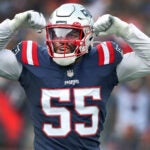 Patriots LB Josh Uche (55) flexes after he sacked Colts quarterback Sam Ehlinger (not pictured). The New England Patriots hosted the Indianapolis Colts in a regular season NFL football game at Gillette Stadium.