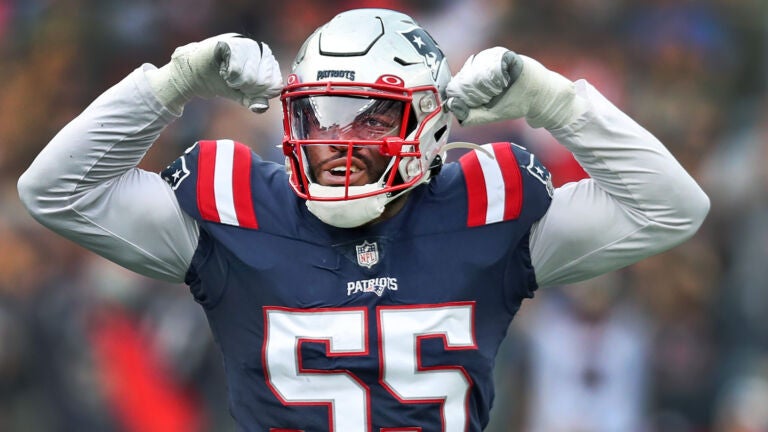 Patriots LB Josh Uche (55) flexes after he sacked Colts quarterback Sam Ehlinger (not pictured). The New England Patriots hosted the Indianapolis Colts in a regular season NFL football game at Gillette Stadium.