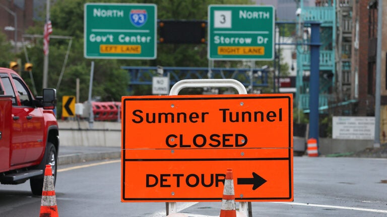 A sign at the entrance to the tunnel in East Boston.