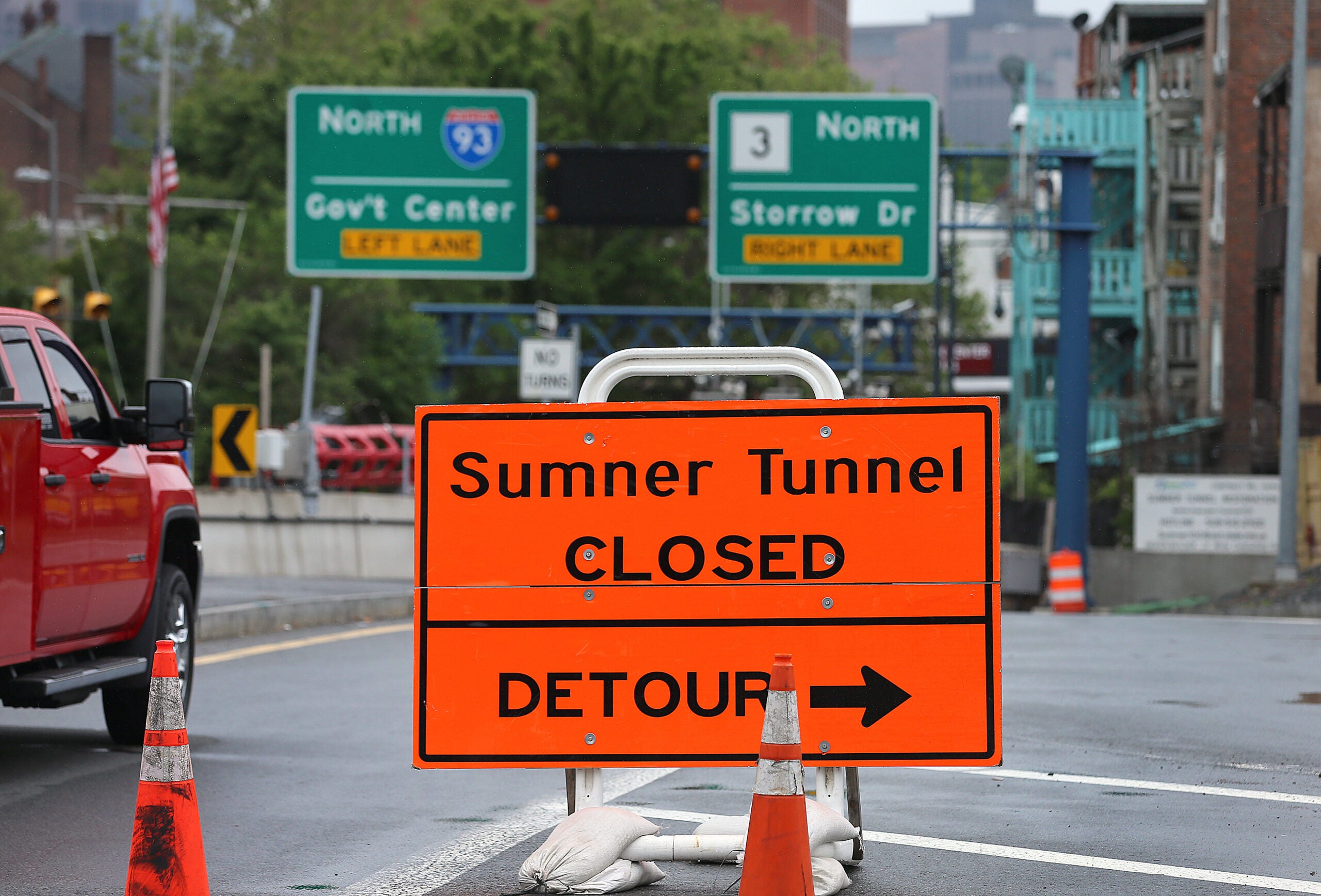 A sign at the entrance to the tunnel in East Boston.