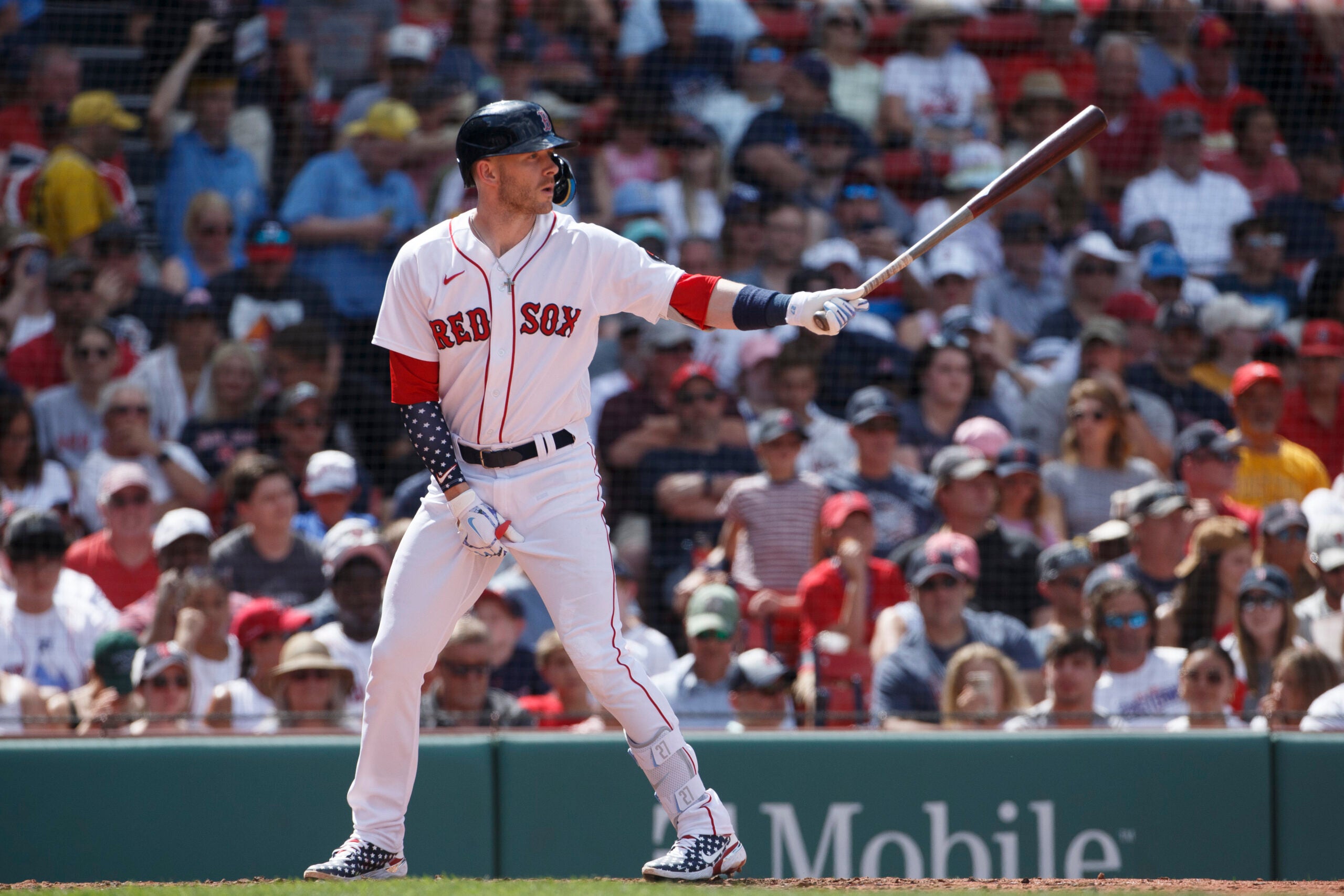 Boston Red Sox second baseman Trevor Story (10) loos down the pitcher at the bottom of the sixth inning at the ball game between The Boston Red Sox and the Tampa Bay Rays.The Boston Red Sox hosted the Tampa Bay Rays on July 4th, 2022.