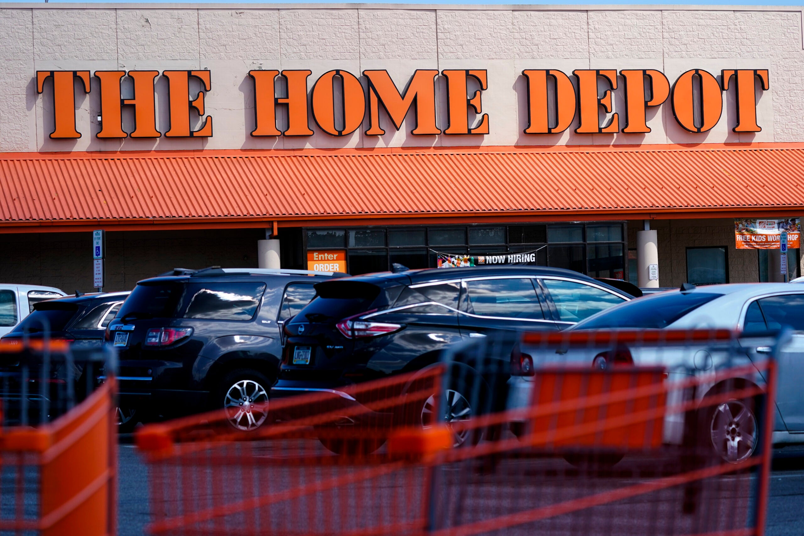 Shopping carts are parked outside a Home Depot in Philadelphia.