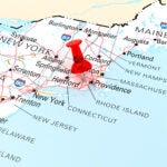 Red Thumbtack Over Rhode Island State USA Map. 3D rendering