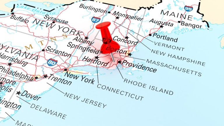Red Thumbtack Over Rhode Island State USA Map. 3D rendering