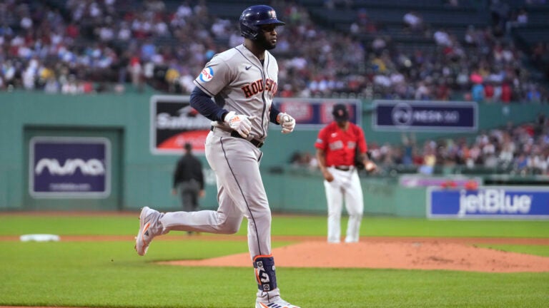 Houston's Yordan Alvarez homered against the Red Sox during the first inning.