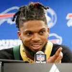 Buffalo Bills safety Damar Hamlin speaks at a press conference.