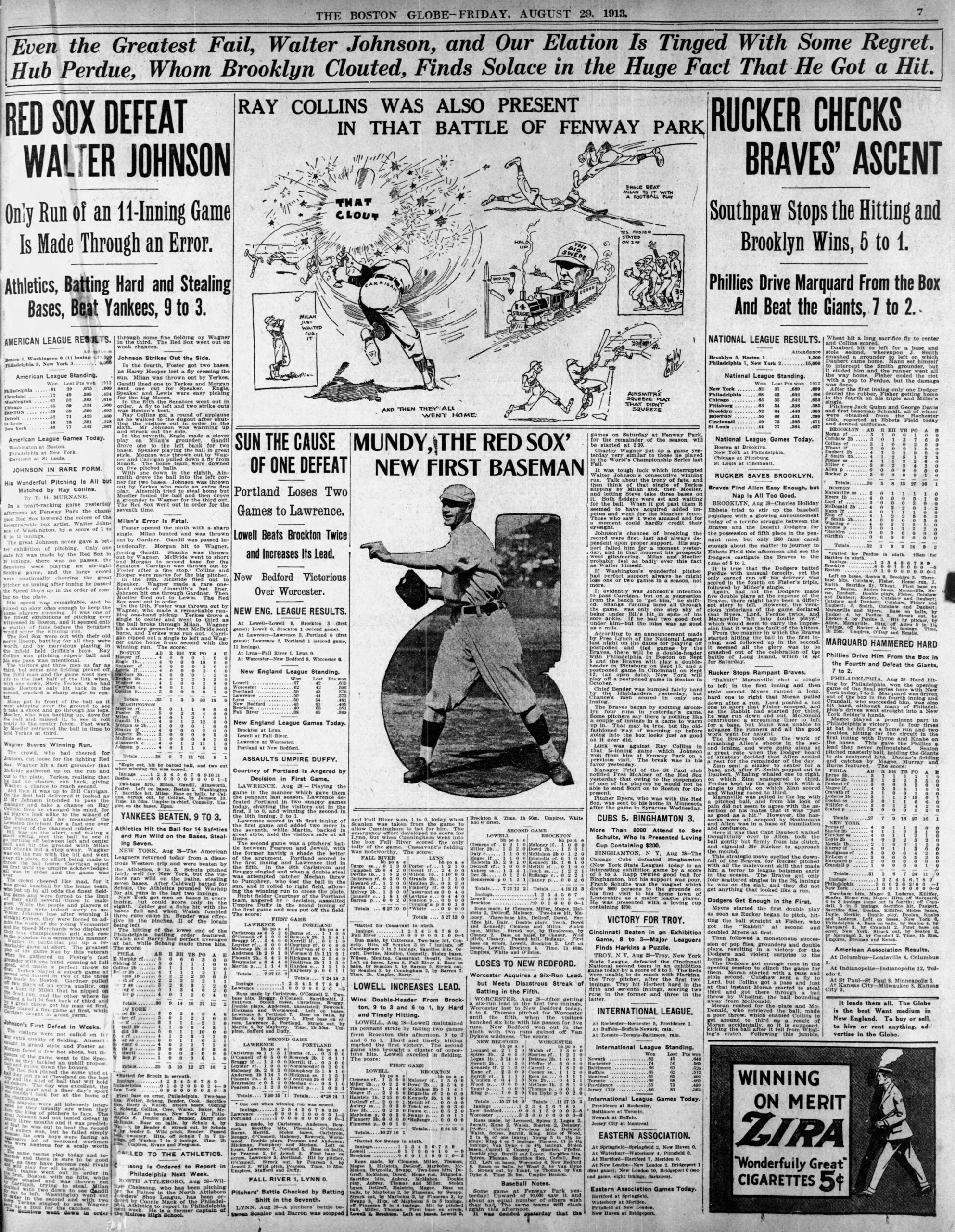 1913 Red Sox Walter Johnson Boston Globe