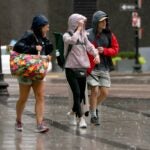 Pedestrians covered up while walking through rain in downtown Boston.