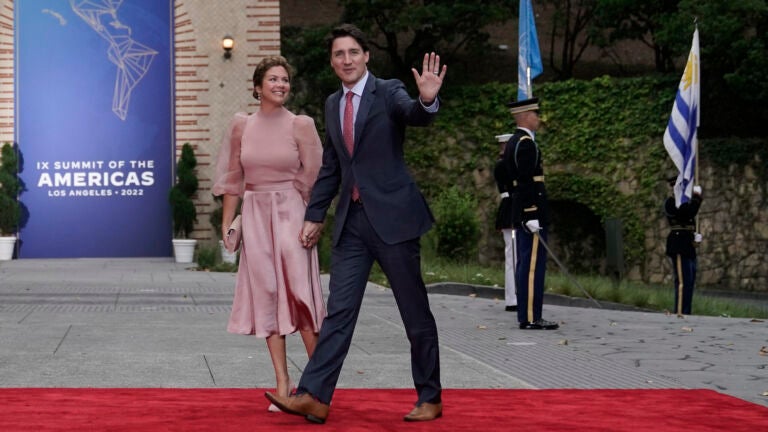 Canadian Prime Minister Justin Trudeau and his wife, Sophie Gregoire Trudeau, arrive for a dinner at the Getty Villa during the Summit of the Americas in Los Angeles, June 9, 2022.