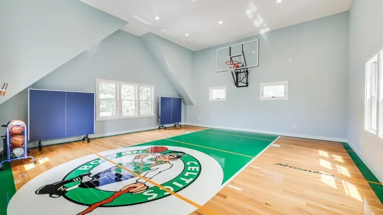 Celtics themed basketball court in Wareham home.