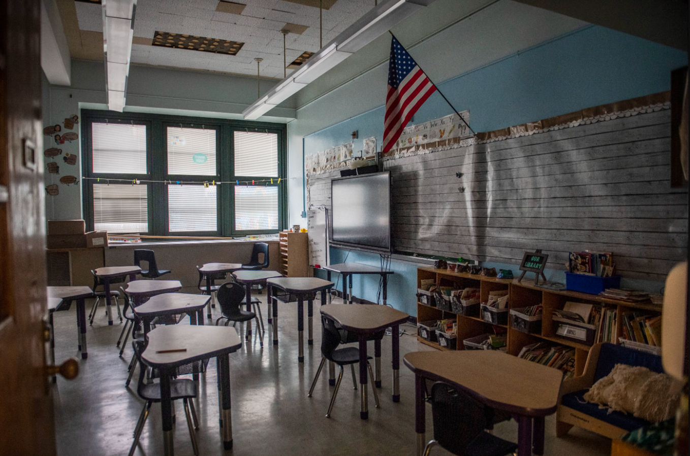 An empty elementary school classroom.