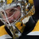 Jeremy Swayman #1 of the Boston Bruins looks on during the second period against the Florida Panthers in Game Seven of the First Round of the 2023 Stanley Cup Playoffs at TD Garden on April 30, 2023 in Boston, Massachusetts.