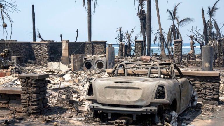Wreckage from a wildfire is sighted in Lahaina, Hawaii on Wednesday, August 9, 2023.