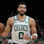 Boston Celtics forward Jayson Tatum (0) during Game 2 of the NBA basketball Eastern Conference Finals series, Friday, May 19, 2023, in Boston.
