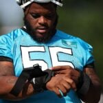 Marquan McCall #55 of the Carolina Panthers attends Carolina Panthers Training Camp at Wofford College on July 27, 2023 in Spartanburg, South Carolina.
