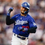 Los Angeles Dodgers' Mookie Betts runs the bases after hitting a home run against the Miami Marlins during the fifth inning of the second baseball game of a doubleheader Saturday, Aug. 19, 2023, in Los Angeles.