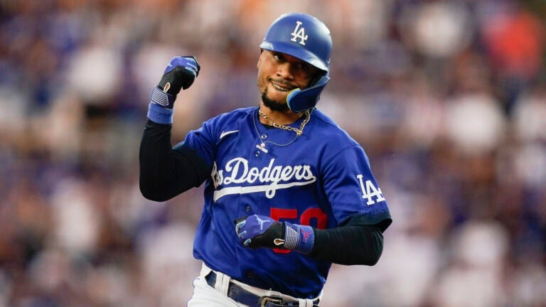 Los Angeles Dodgers' Mookie Betts runs the bases after hitting a home run against the Miami Marlins during the fifth inning of the second baseball game of a doubleheader Saturday, Aug. 19, 2023, in Los Angeles.