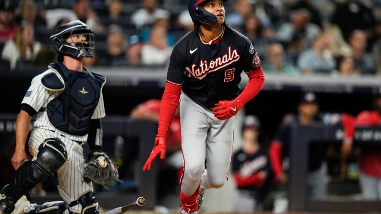 New York Yankees Hideki Matsui connects with the baseball in second inning  against the Boston Red