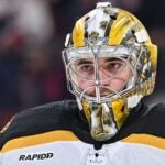 Jeremy Swayman #1 of the Boston Bruins skates during the second period against the Montreal Canadiens at Centre Bell on April 13, 2023 in Montreal, Quebec, Canada. The Boston Bruins defeated the Montreal Canadiens 5-4.